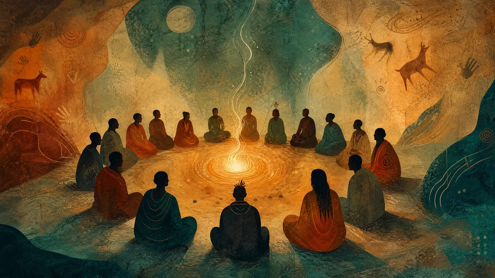 A circle of people around a shared fire — the oldest meeting form we know.